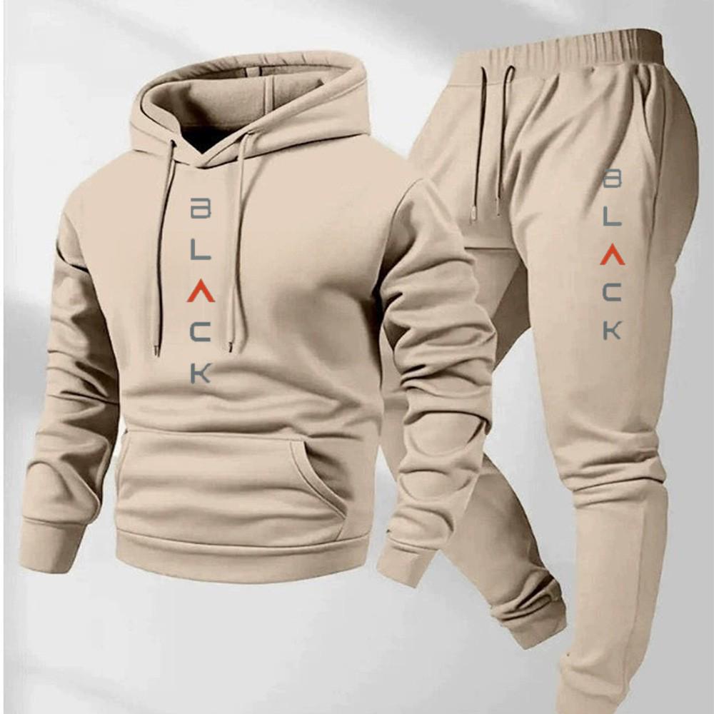 Men's Black Retro Letter Print Two-Piece Jogging Set - Long Sleeve Hoodie & Sweatpants for Winter
