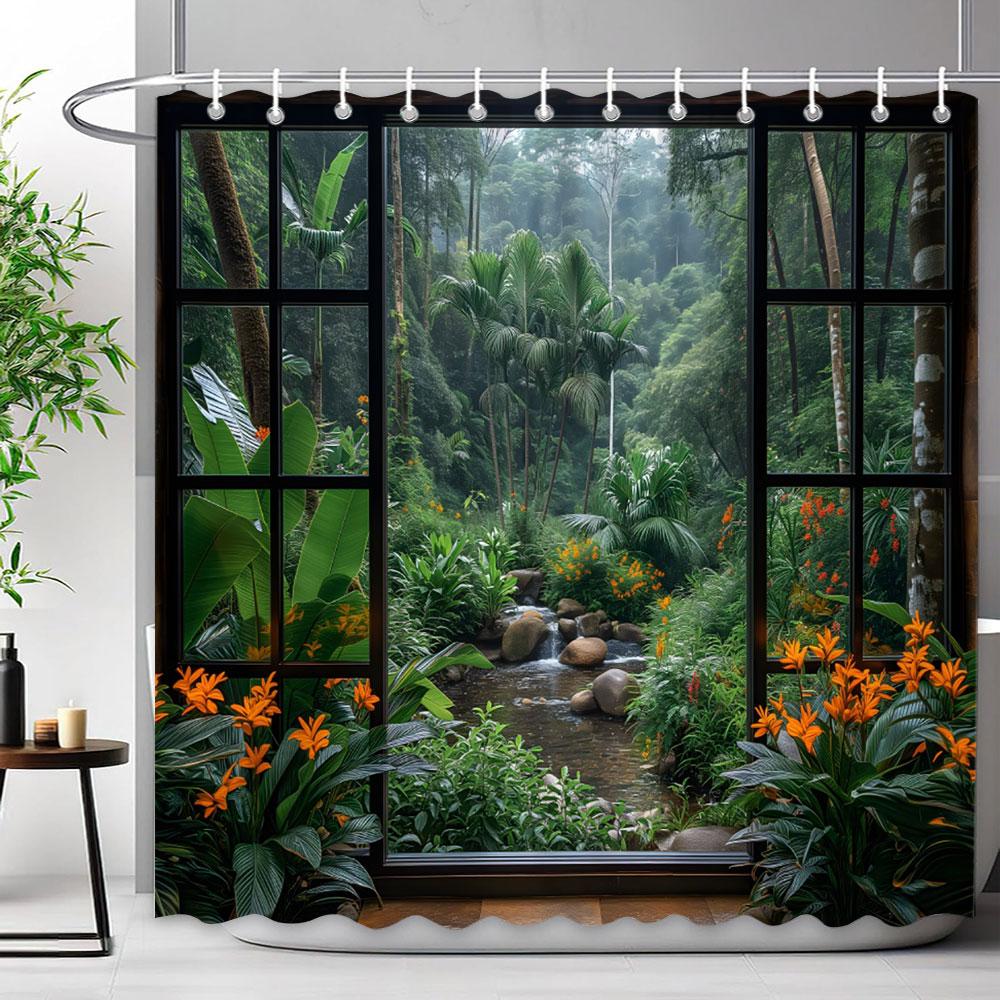 Mediterraner Wald Wasserfall Naturlandschaft Duschvorhang Polyesterstoff Waschbar Badvorhang Badezimmer Dekoration Mit Haken