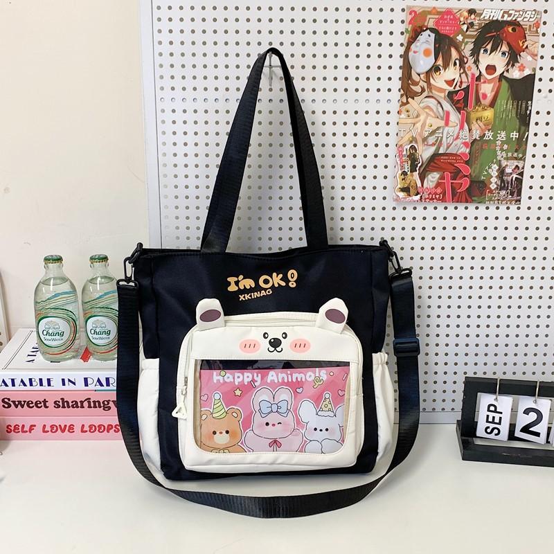 

Shoulder bag fashionable versatile cartoon large capacity tote bag casual portable class tutoring canvas messenger bag чорний