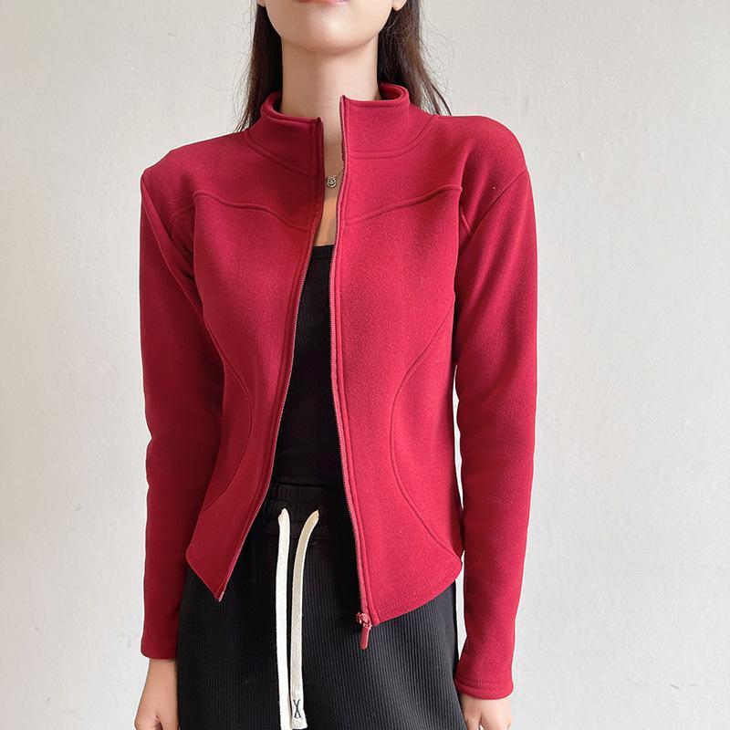 

Женское короткое пальто с воротником-стойкой, флисовая толстовка для осени и зимы, верхняя одежда, приталенная, на флисовой подкладке, утолщенная, теплая, топ для йоги S красный