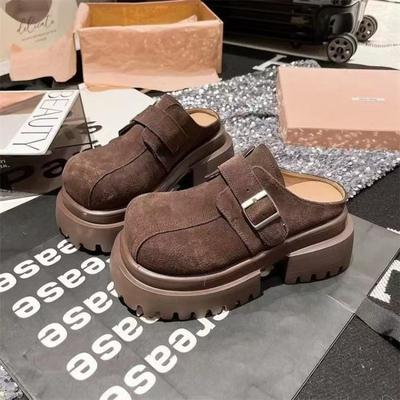 Fashion 2024 Spring and Autumn New Fashionable Round Head Matte Leather Surface Buckle Thick Bottom Comfortable Women's Baotou Slippers