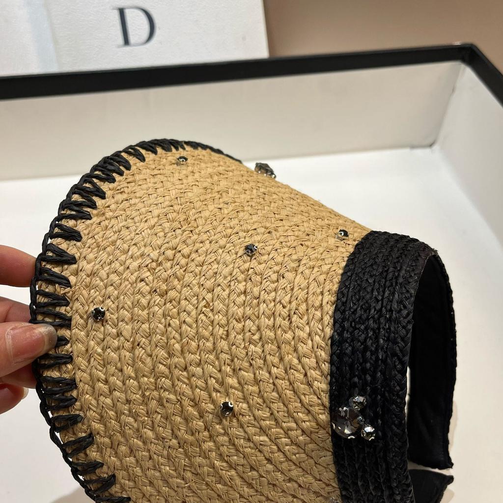 Summer Natural Raffia Woven Sunscreen Empty Top Hat Design Rhinestone Light Luxury Big Eaves Sunshade Sun Hat