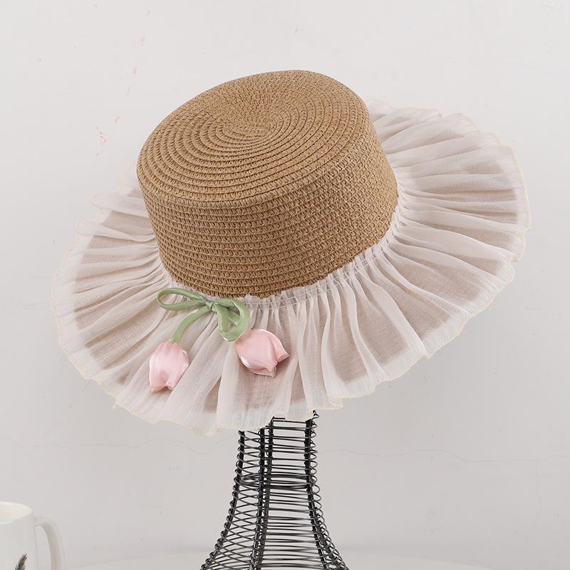 Lace Bow Tulip Straw Hat Women's Summer Seaside Beach Vacation Sun Hat Shade Sun Protection Hat