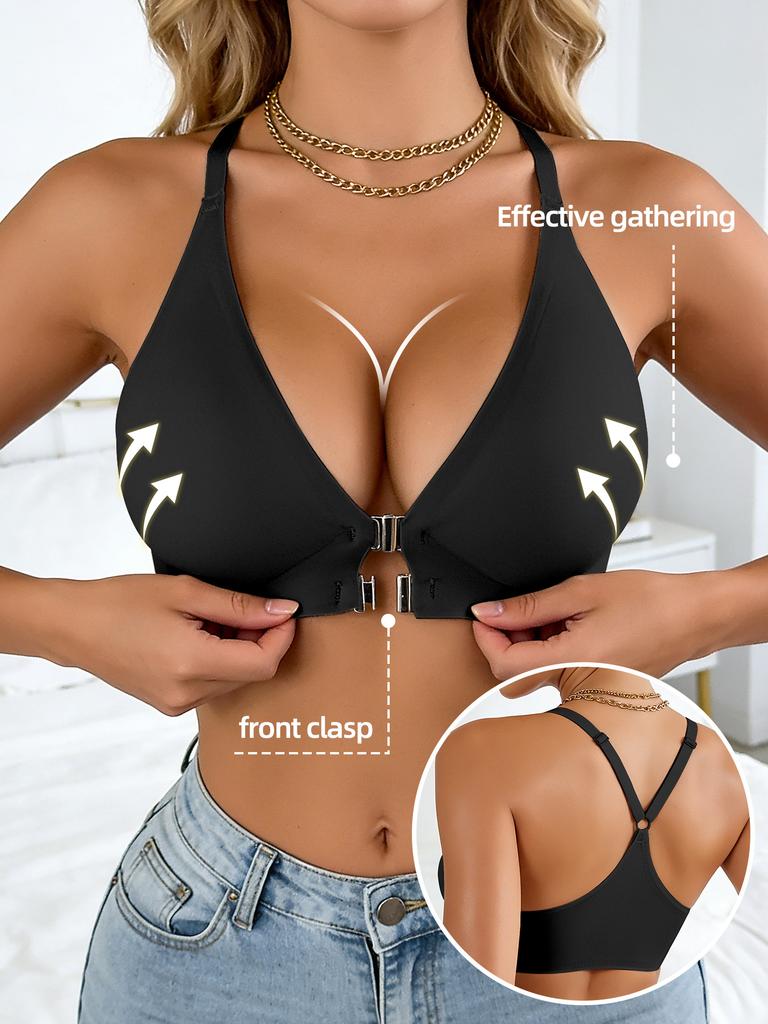 Seamless front buckle beautiful back bra for women, small bust push-up dispensing, side breast control, anti-sagging plus-size text