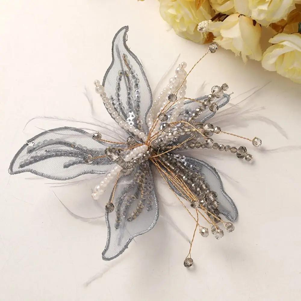 Feather Pearl 3D Organza Flower Patch Crystal Flower Lace Studded Patch Multi-layer Handmade Applique Decorative