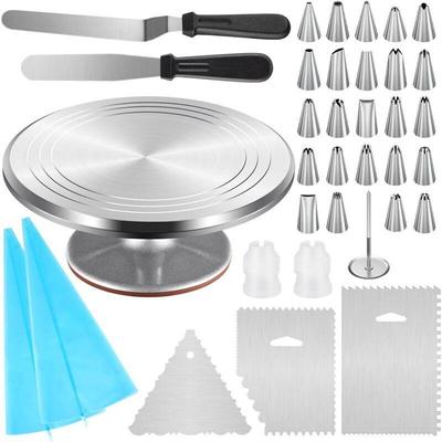 35-Piece Aluminum Turntable Cake Decorating Set with Piping Tips, Scraper, and Spatula