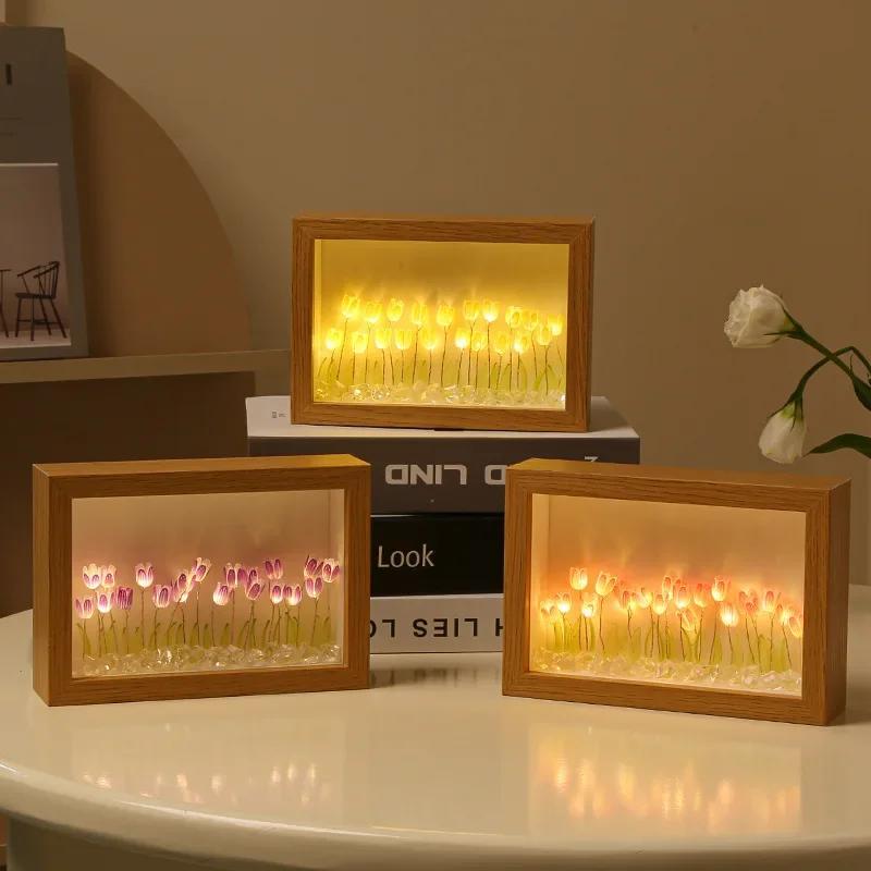 DIY Wooden Photo Frame Tulip Flower Sea Home Decoration Ornaments Atmosphere Lights Valentine's Day Mother's Day Birthday Gifts