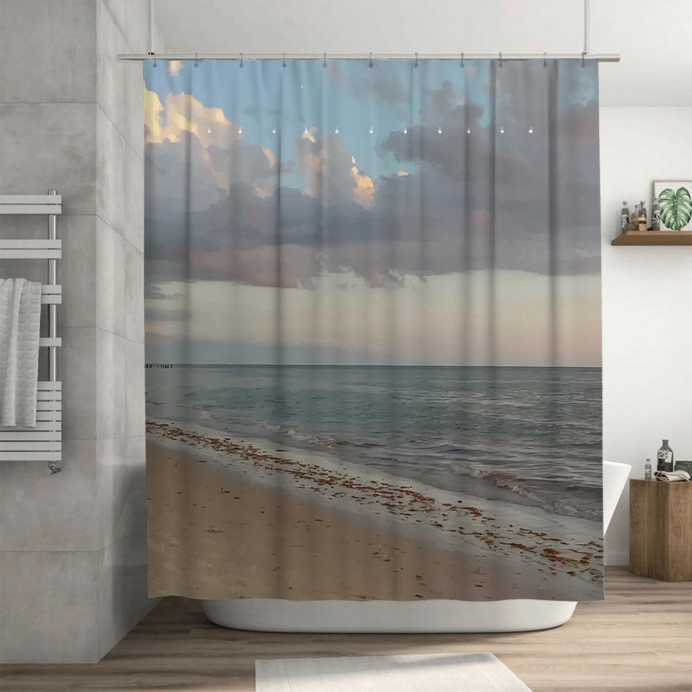 Beach Shower Curtain Waterproof Bath Mat Decor with Cloudy Sky Seaside Print for Home Decoration In Various Sizes