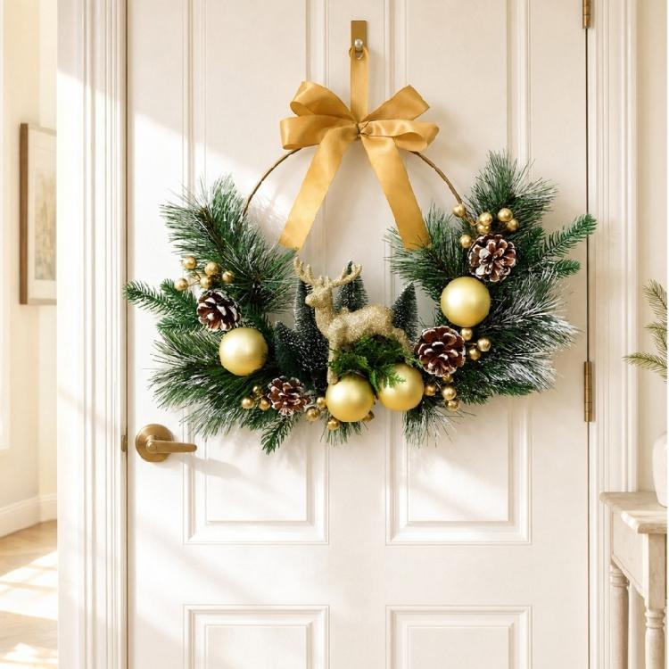 Plastic Holiday Wreath with Open-Center Shape and Top Bowknot Loop for a Vertical Christmas Presentation at Gatherings