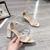 Sandals Women's Summer 2025 New Mid-heel Thick Heel Black Student Versatile Open-toe One-word Buckle Strap Roman High Heels Women