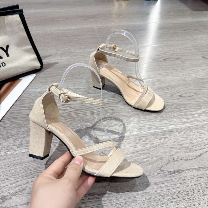 Sandals Women's Summer 2025 New Mid-heel Thick Heel Black Student Versatile Open-toe One-word Buckle Strap Roman High Heels Women