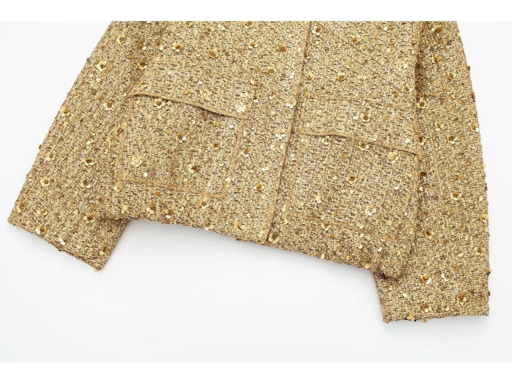 European & American Women's Sequin Stand-up Collar Jacket - Autumn/Winter 2025 Fashion, Solid Color, Short Casual Style
