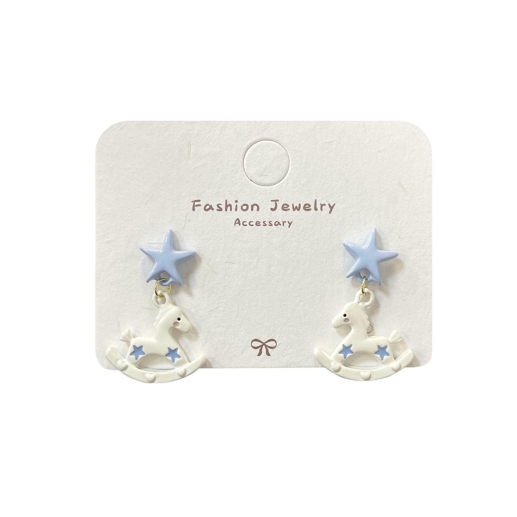 Cute Blue Bear Earrings for Women - Silver Needle Niche Carousel Design