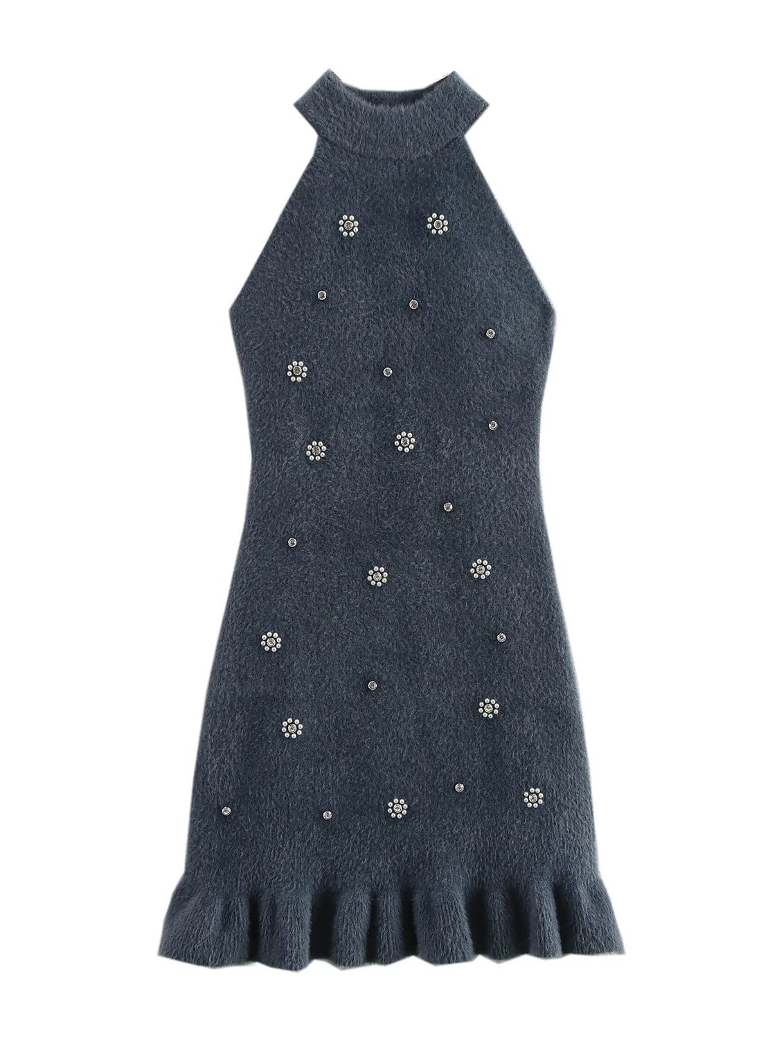 

Платье в европейском стиле, новое, высококлассное, с отделкой из ниток и бусин, с эффектом искусственного меха, с воротником-стойкой на шее S темно серый