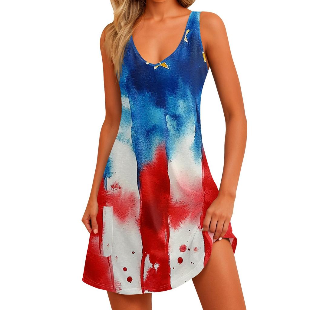 Women's Casual Print Sundress With Pockets Summer Boho Beach Dress T-Shirts Dress V Neck Loose Tank Dresses