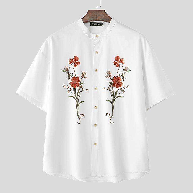 

INCERUN Summer Men Collarless Short Sleeve Floral Print Casual Loose Shirts 4XL белый