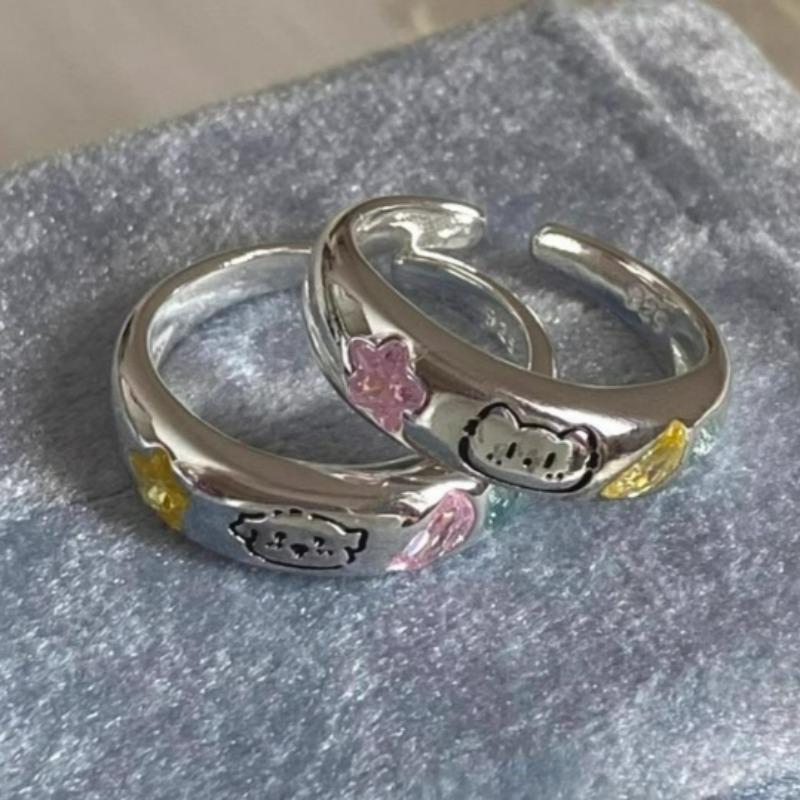 Modne Pierścionki Kawaii Kot Pies dla Kobiet Proste Otwierane Ręcznie Robione Regulowane Kreskówkowe Pierścionek dla Pary Metalowa Biżuteria Pierścionek Rocznicowy