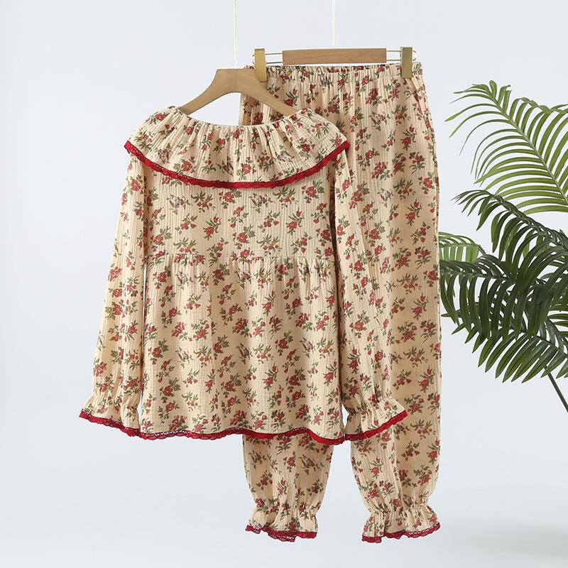 Double-layer Yarn Thin Pajamas Women's Pure Cotton Crepe Retro Sweet Doll Collar Loungewear Long-sleeved Trousers Set Spring and Autumn