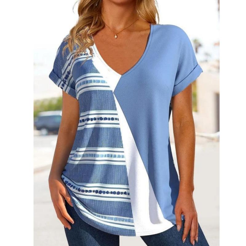 Sommer Damen T-Shirt Personalisiert Zweifarbiger Spleißdruck Wunderschöner V-Ausschnitt Kurzarm Street Trend Damen Gestreiftes T-Shirt