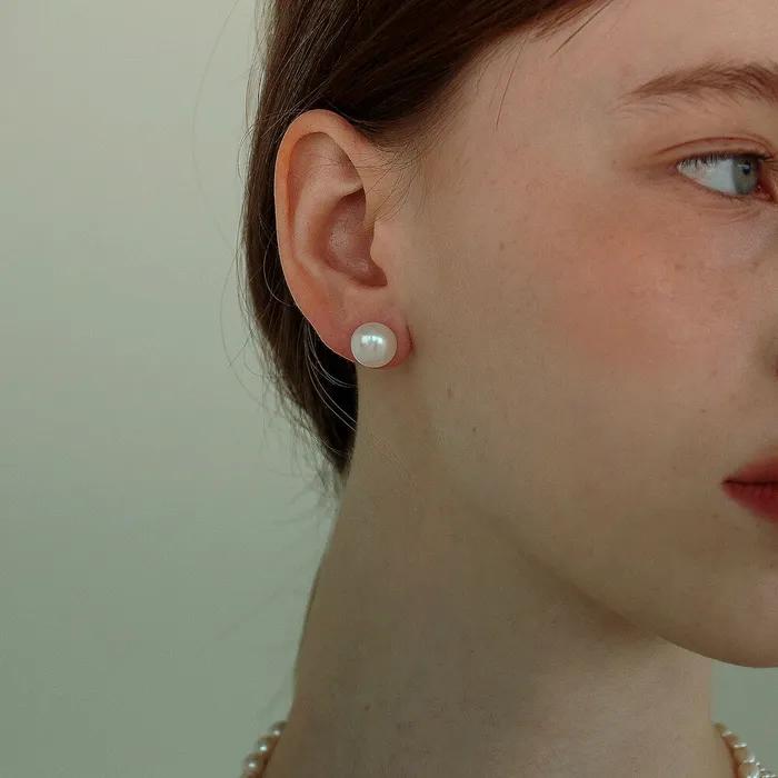 [Silver 925][Freshwater Pearl] Button Pearl Earring