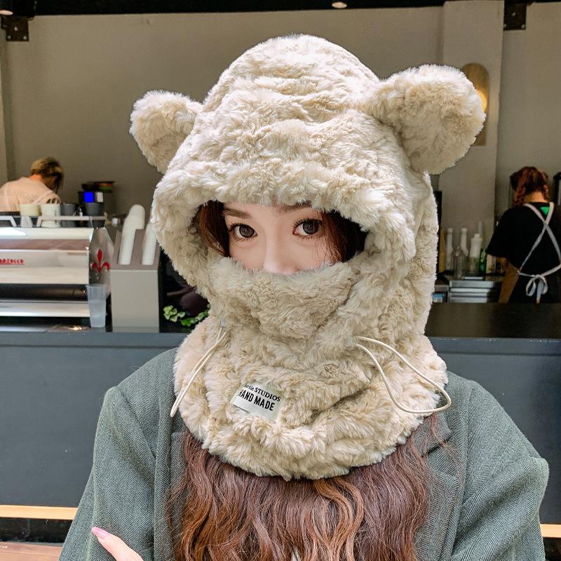 Niedliche verdickte Plüschbärmütze, Schal, Maske, integrierte Wintermütze, warm, kalt, Radfahren, Ohr, Flut