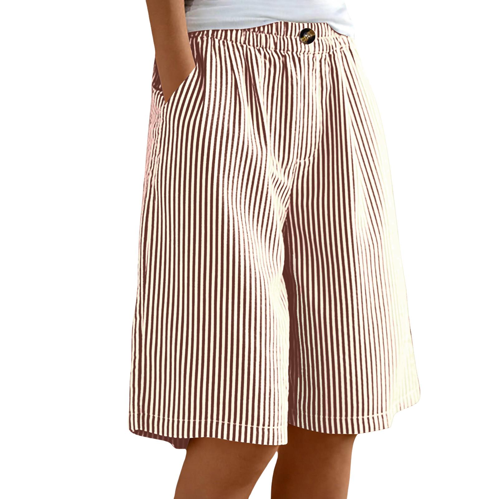 Women s Casual Comfortable Striped Button Pocket Summer Shorts XXL винный