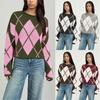 Maglione Argyle a Quadri Lavorato a Maglia da Donna Girocollo Manica Lunga Corto Pullover Morbido Casual Jumper