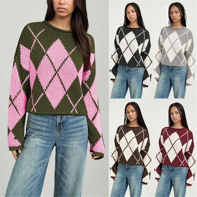 Women Argyle Plaid Knit Sweater Crew‑Neck Long‑Sleeve Cropped Pullover Loose Casual Jumper