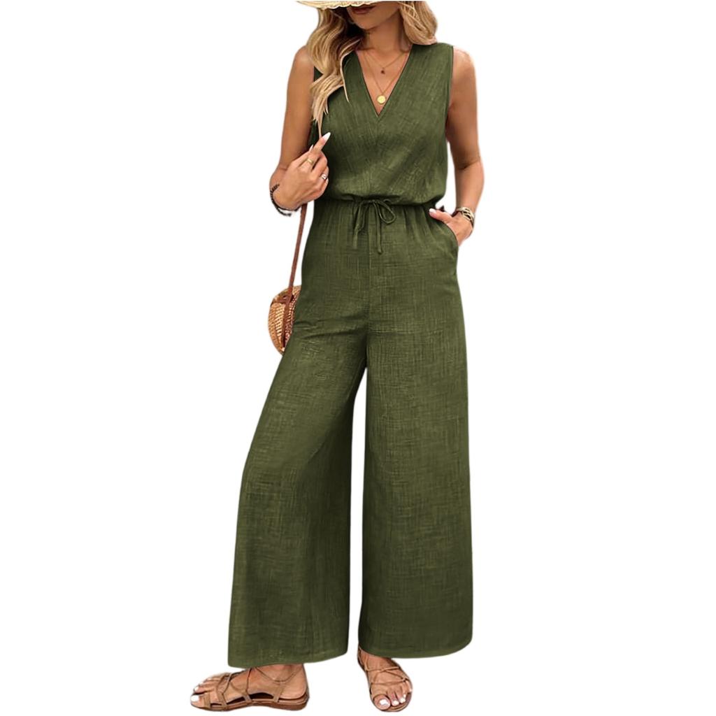 Sleeveless Wide Leg Jumpsuit for Women with Drawstring Waist V Neck Loose Fit Casual Outfit
