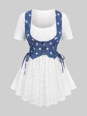 Rosegal Plus Size Star Print Lace-up Buttons Lace Trim Hollow Out 2 In 1 Top