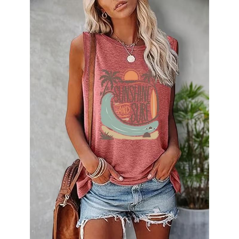 Women's printed tank top T-shirt with patterned short sleeves, women's sleeveless round-neck T-shirt
