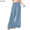 ZANZEA Women Casual Elastic Waist Loose Print Straight Pants