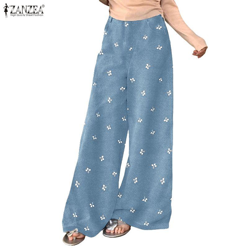 ZANZEA Women Casual Elastic Waist Loose Print Straight Pants