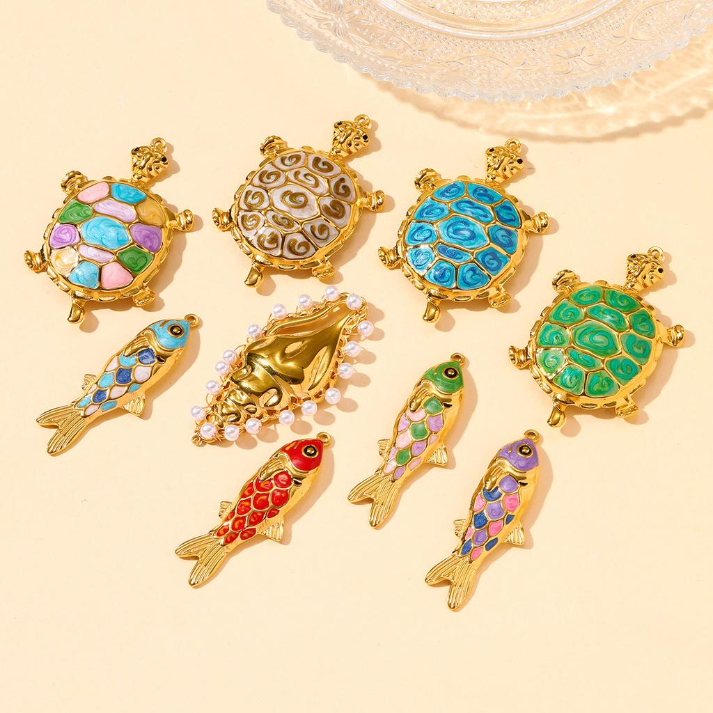 1pc Stainless Steel Colored Enamel Fish Turtle Necklace Pendants Pearl Conch DIY Charms Women Ocean Style Jewelry