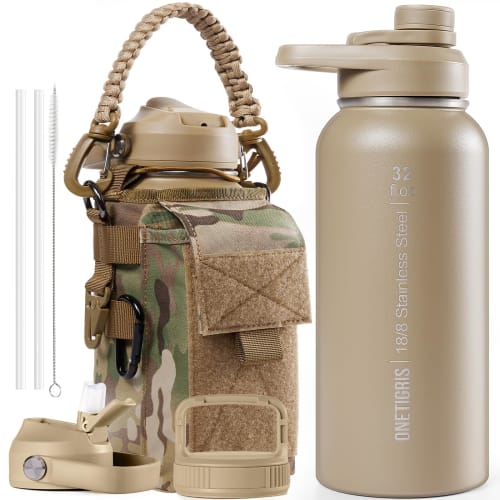 OneTigris 1 Liter Stainless Steel Water Bottle Set with Cover, Vacuum Insulated, Keeps Hot or Cold, Includes 3 Replacement Lids, 2 Straws, and 1 Brush
