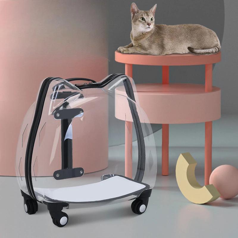 Creative Transparent Cat Carrier Dual Ear Pet Travel Basket Telescopic Handle Pet Trolley Versatile Space Capsule Transport Case