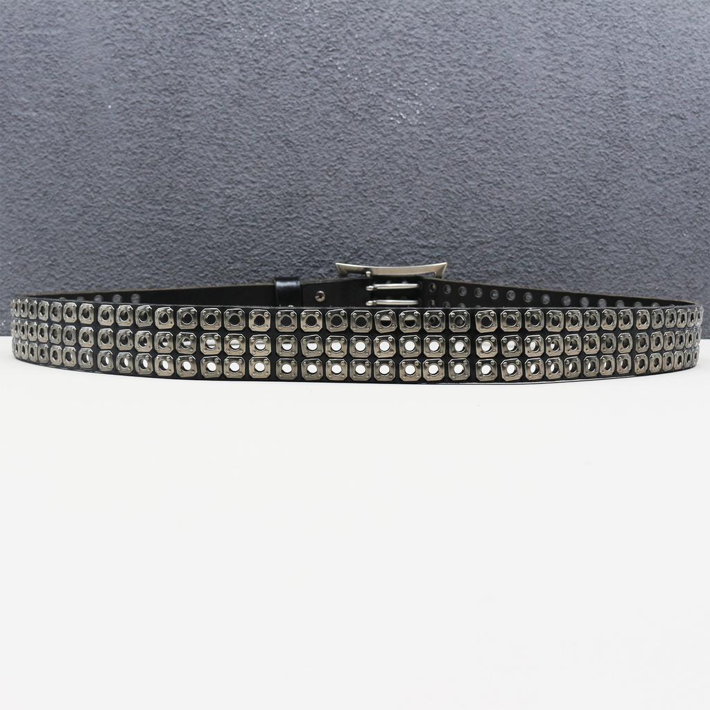 New Japanese American Motorcycle Belt Heavy Duty Punk Car Eye Hollow Rivet Men's Cowhide Belt Women's Three-pin Buckle