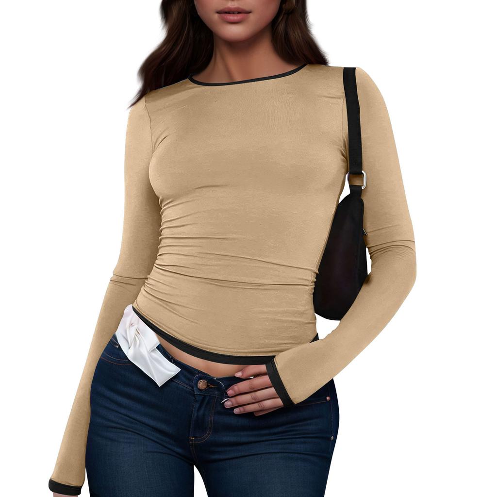 Women's Fashion Colour Blocking Round Neck Long Sleeve T-Shirt Top