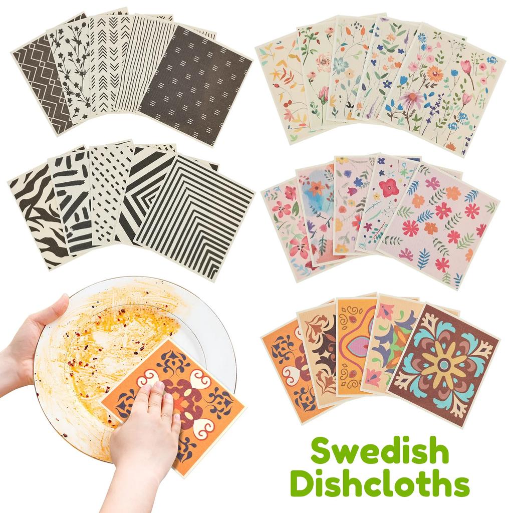 5 Pièces Carré Gant de Vaisselle Suédois Haute Absorption d'Eau Nettoyage Gant de Vaisselle Réutilisable Lingettes de Cuisine pour Vaisselle Baignoire Miroir