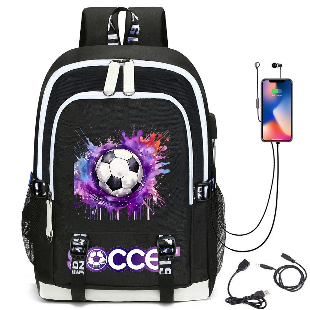 Football Star Printed Schoolbag Backpack Usb Charging Student Backpack Computer Bag