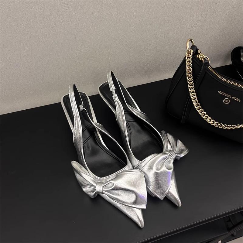 High-end Silver Bow Temperament Bag Head Sandals Women's Spring and Summer New High Heels Pointed Single Shoes