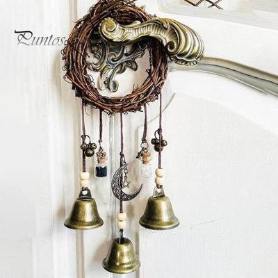 Door Knob Witch Bell Home Protection Handmade Hanging Brass Bell Wishing Bottle Rattan Wreath Witchcraft Door Hanger Wicca Wind Chime Decoration