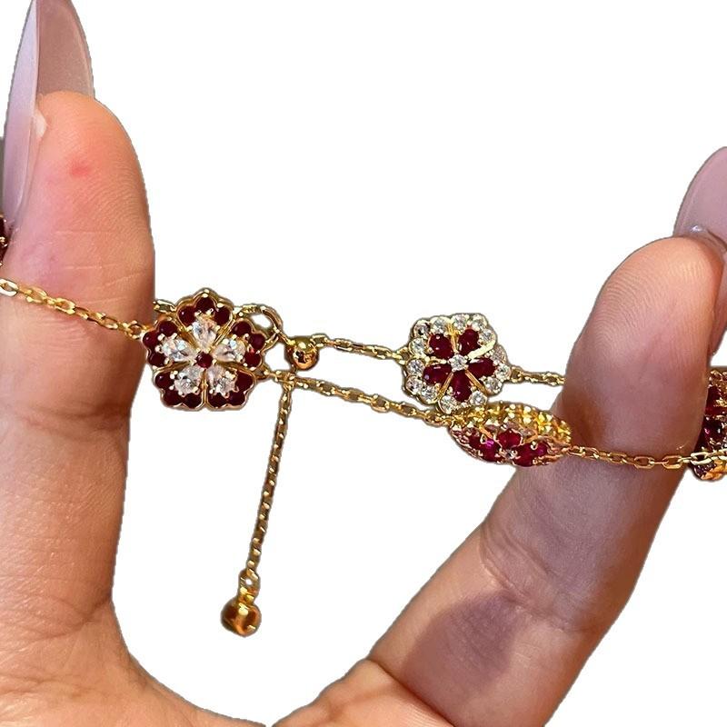 Super White! New Chinese National Style Red Diamond Peony Flower Bracelet Exquisite Heavy Industry Advanced Sense Niche Personality Jewelry Women