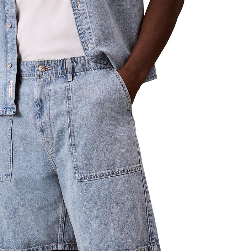 Calvin Klein Linen Blend American Trend Retro Drawstring Waist Light Denim Shorts Men shorts 4RF907G