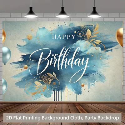 2D Elegant Golden Leaf Blue Ink Wash Birthday Decor Background Banner