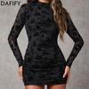 Women's Fashion Spring Fall Flower Pattern Print Long Sleeve Half Turtleneck High Waist Casual Dresses