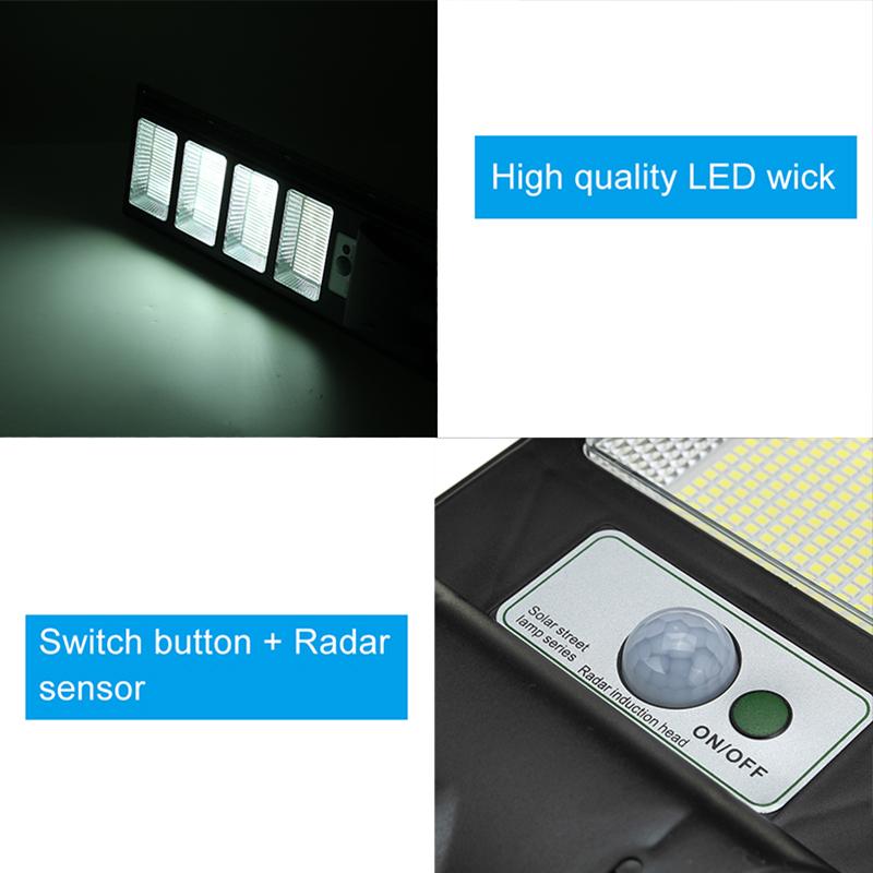 Solární LED světlo Venkovní osvětlení 400W 800W 1200W 1500W Solární pouliční lampa Radarový senzor Dálkové ovládání Vodotěsná zahradní nástěnná lampa