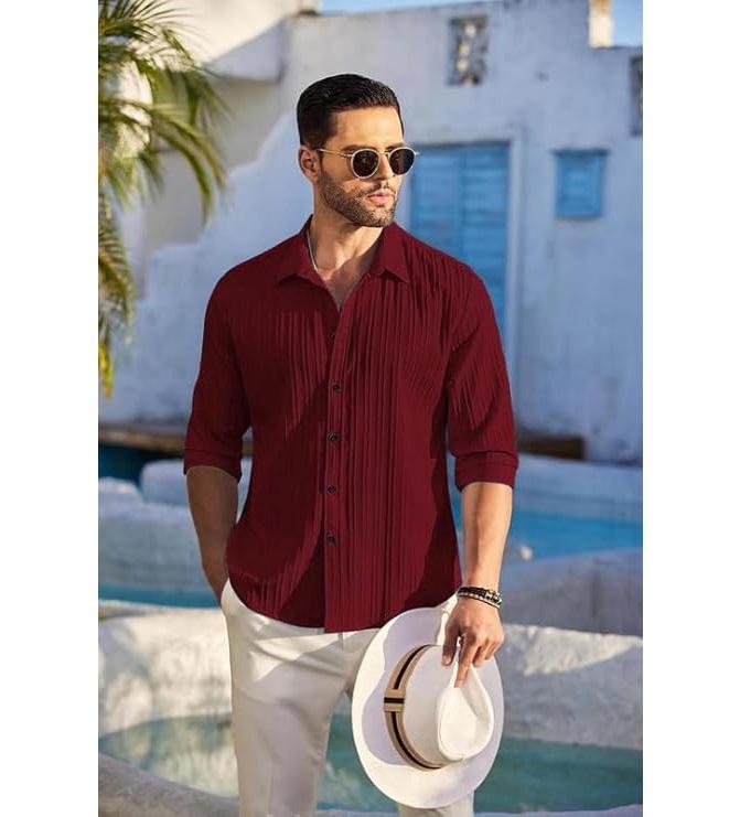 Men's Casual Button Down Shirts Long Sleeve Linen Shirt Fashion Textured Beach Summer Shirt