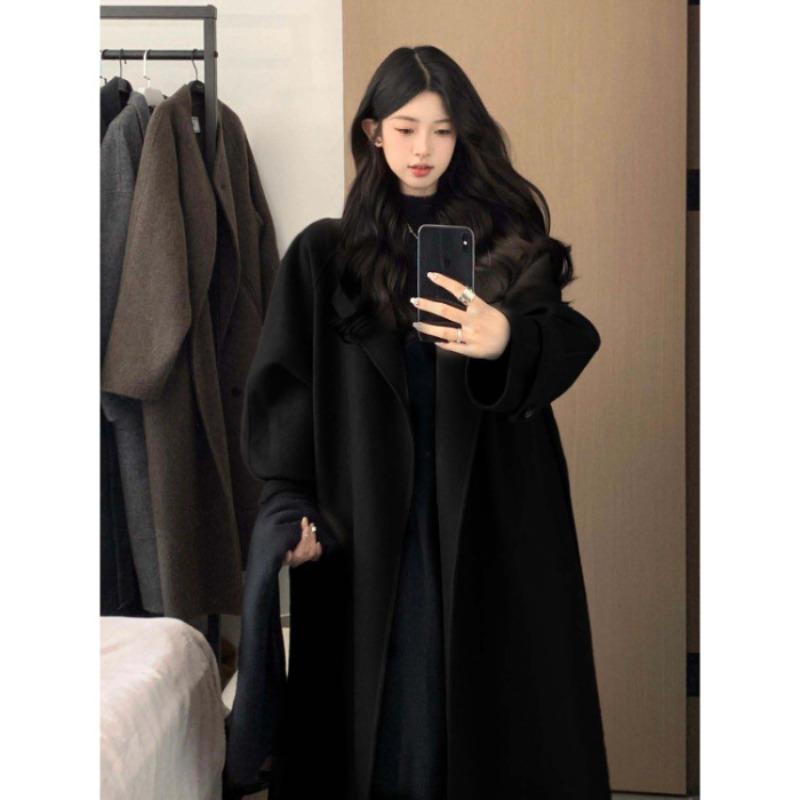 Black Woolen Coat for Women, Autumn and Winter Atmosphere, Woolen Coat Feeling Medium and Long