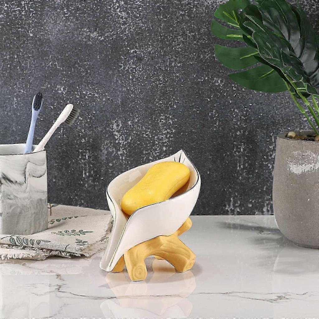 Ceramic Soap Dish Leaf Shaped Soap Dish Accessory for Bathroom, Shower, Kitchen, Wedding Gift (White+Gold)